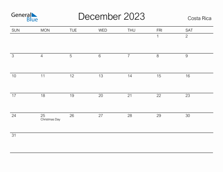 Printable December 2023 Calendar for Costa Rica