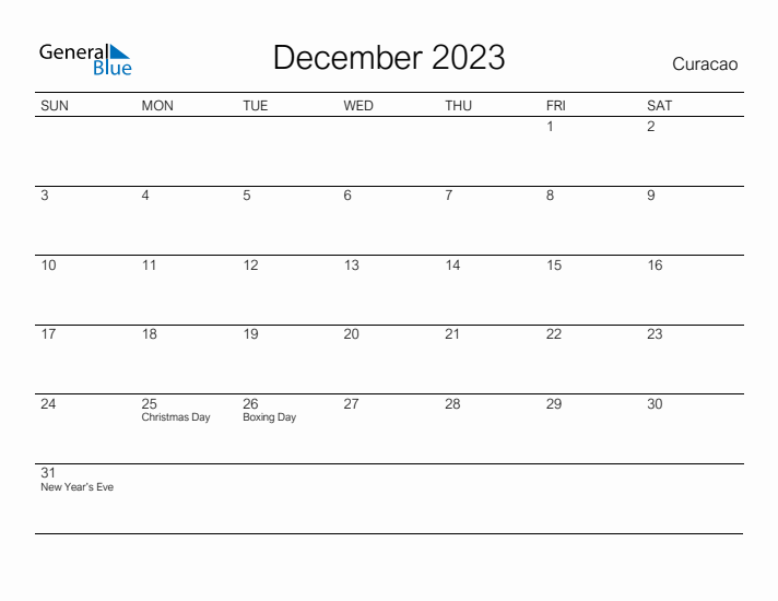 Printable December 2023 Calendar for Curacao