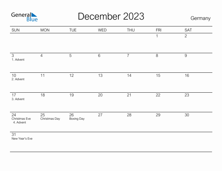 Printable December 2023 Calendar for Germany