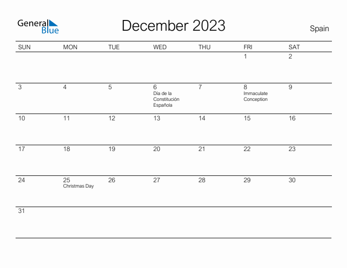 Printable December 2023 Calendar for Spain