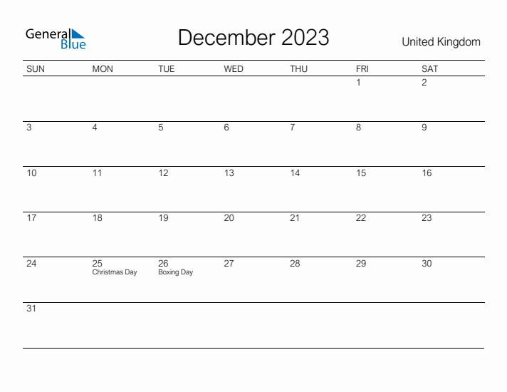 Printable December 2023 Calendar for United Kingdom