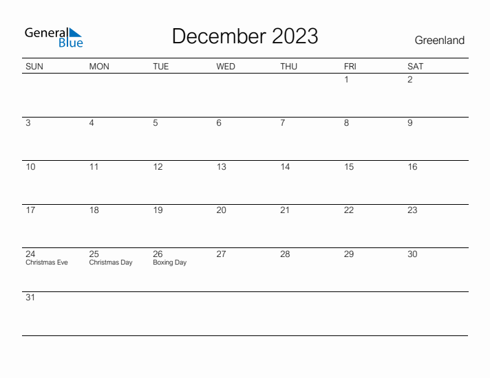 Printable December 2023 Calendar for Greenland