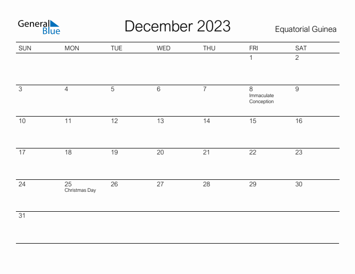 Printable December 2023 Calendar for Equatorial Guinea