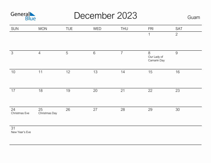 Printable December 2023 Calendar for Guam