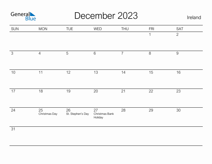 Printable December 2023 Calendar for Ireland