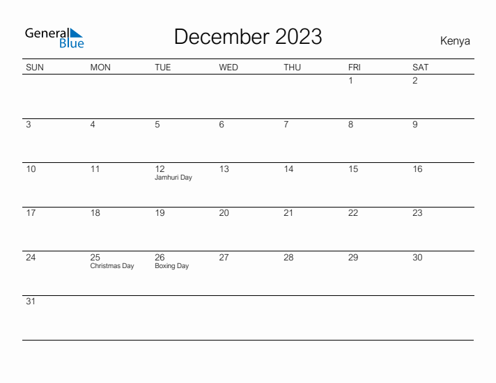 Printable December 2023 Calendar for Kenya