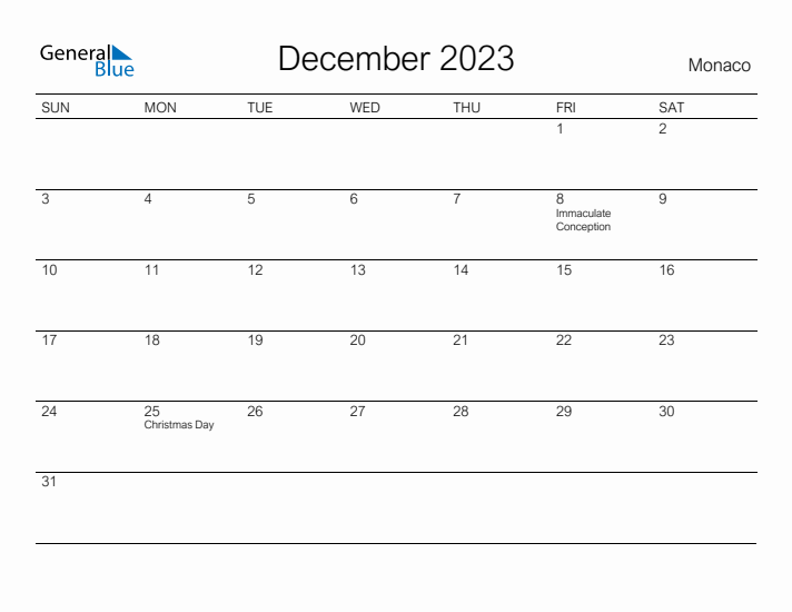 Printable December 2023 Calendar for Monaco