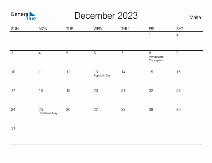 Printable December 2023 Calendar for Malta