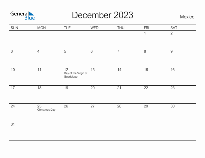 Printable December 2023 Calendar for Mexico