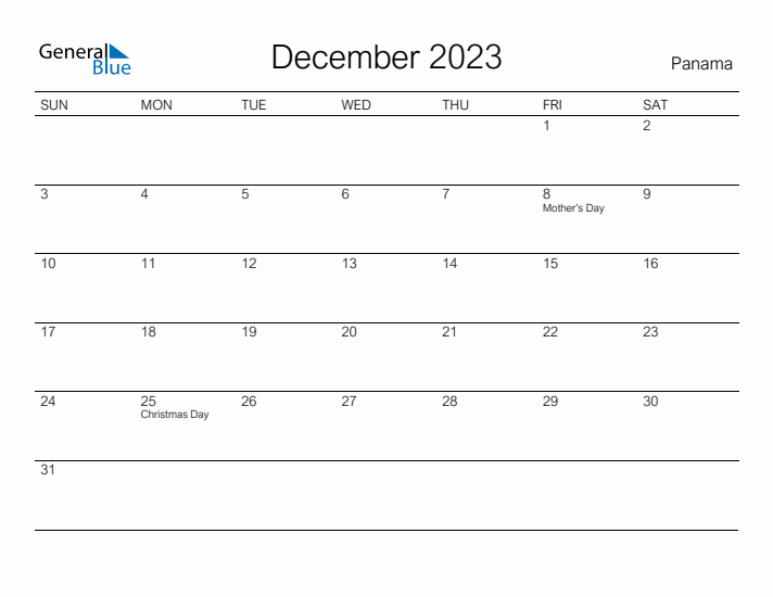 Printable December 2023 Calendar for Panama