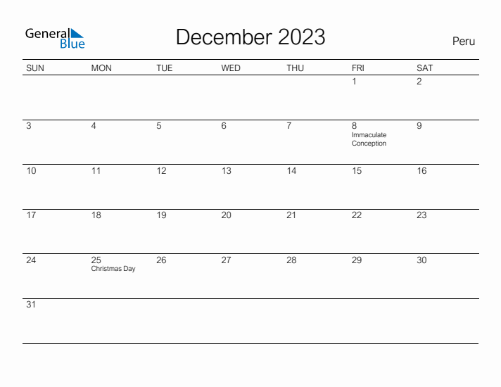Printable December 2023 Calendar for Peru