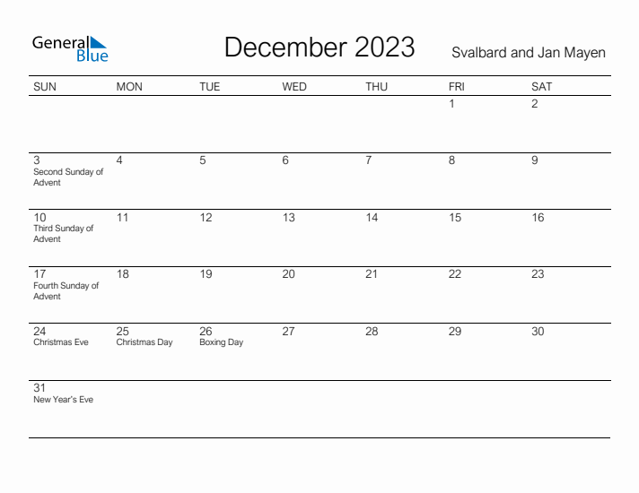 Printable December 2023 Calendar for Svalbard and Jan Mayen