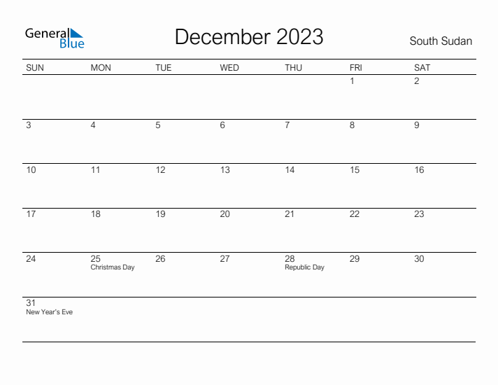 Printable December 2023 Calendar for South Sudan
