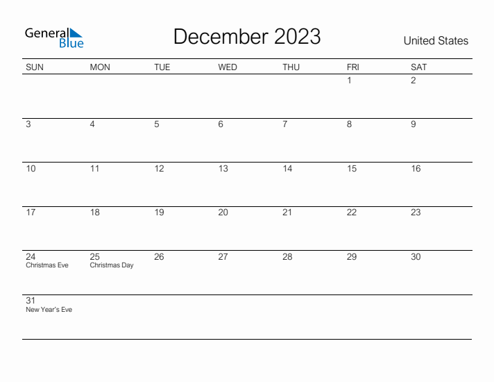 Printable December 2023 Calendar for United States