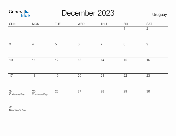 Printable December 2023 Calendar for Uruguay