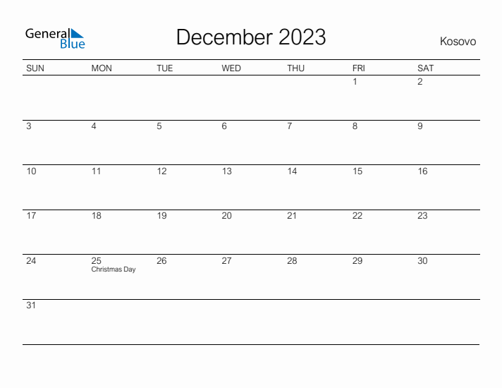 Printable December 2023 Calendar for Kosovo