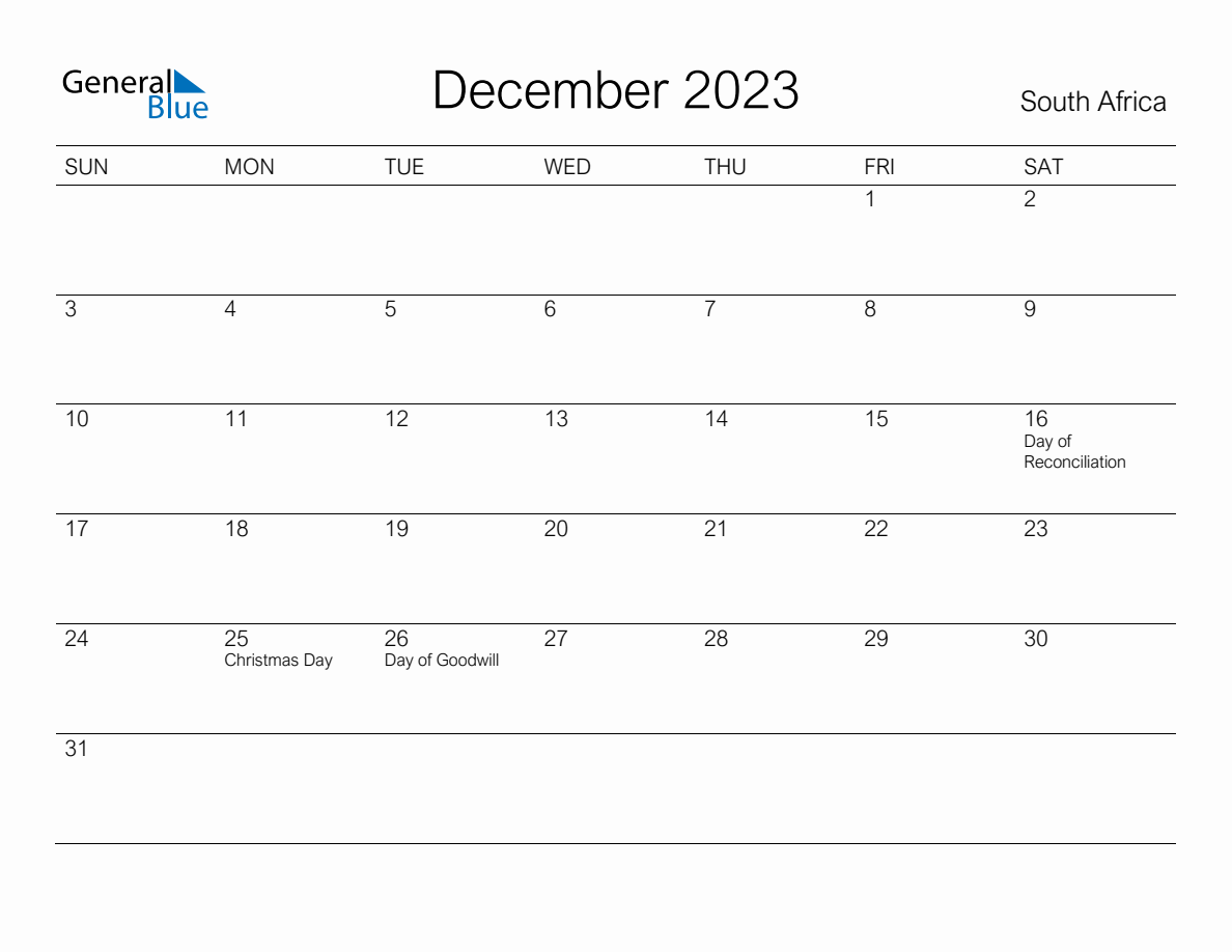 Printable December 2023 Monthly Calendar with Holidays for South Africa