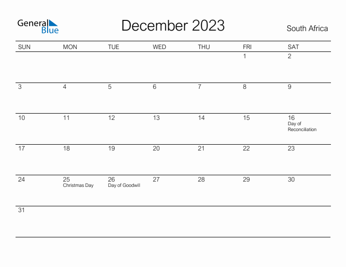 Printable December 2023 Calendar for South Africa