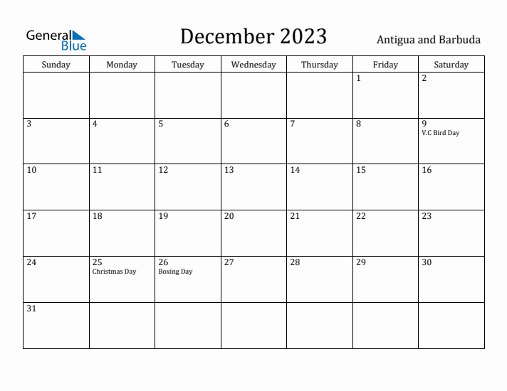 December 2023 Calendar Antigua and Barbuda