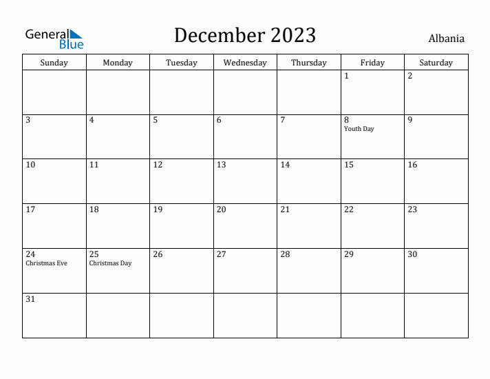 December 2023 Calendar Albania