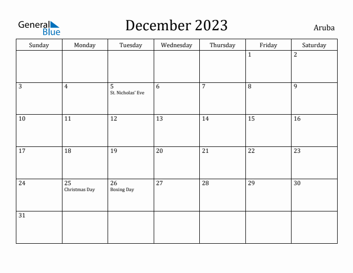 December 2023 Calendar Aruba