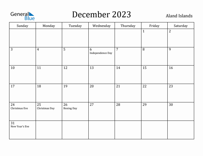 December 2023 Calendar Aland Islands