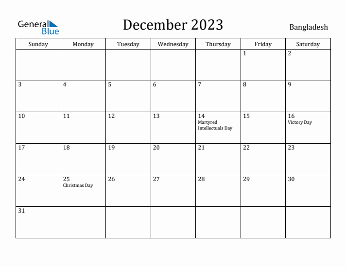 December 2023 Calendar Bangladesh