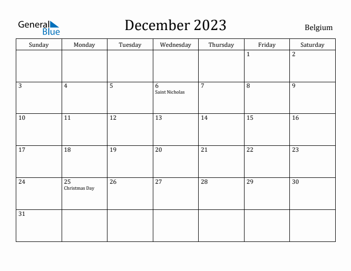 December 2023 Calendar Belgium