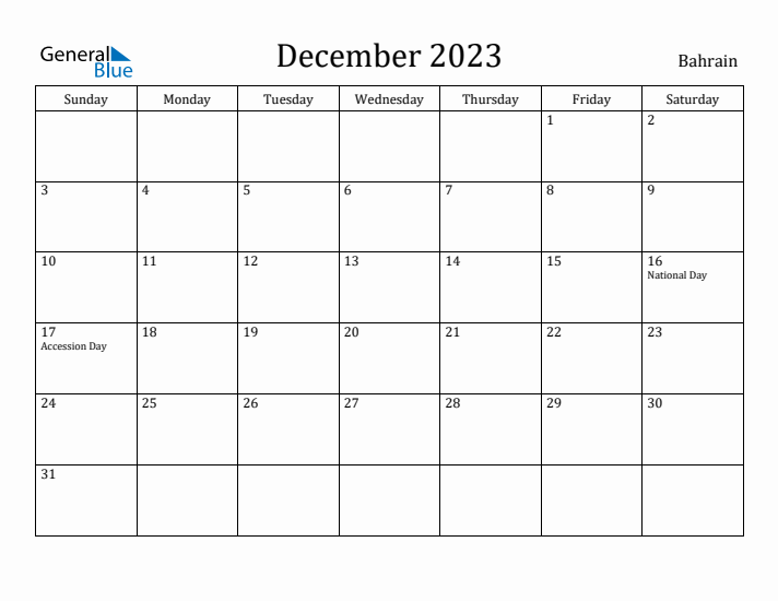 December 2023 Calendar Bahrain