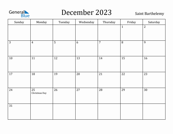 December 2023 Calendar Saint Barthelemy