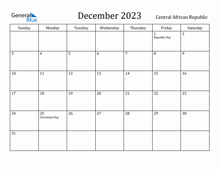 December 2023 Calendar Central African Republic