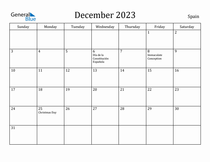 December 2023 Calendar Spain