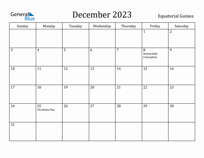December 2023 Calendar Equatorial Guinea