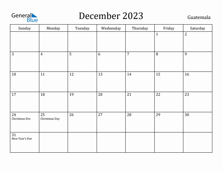 December 2023 Calendar Guatemala