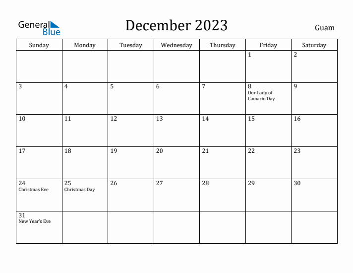 December 2023 Calendar Guam