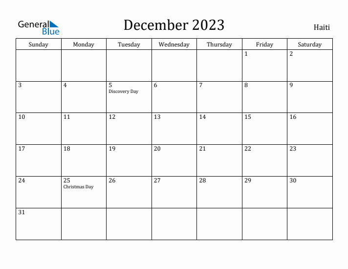December 2023 Calendar Haiti