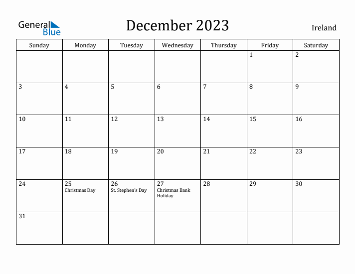 December 2023 Calendar Ireland