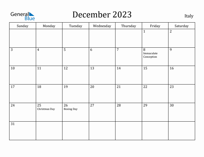 December 2023 Calendar Italy
