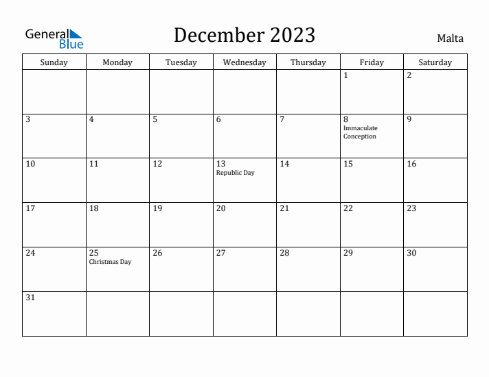 December 2023 Calendar Malta