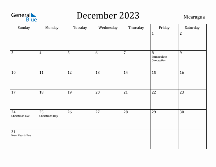 December 2023 Calendar Nicaragua