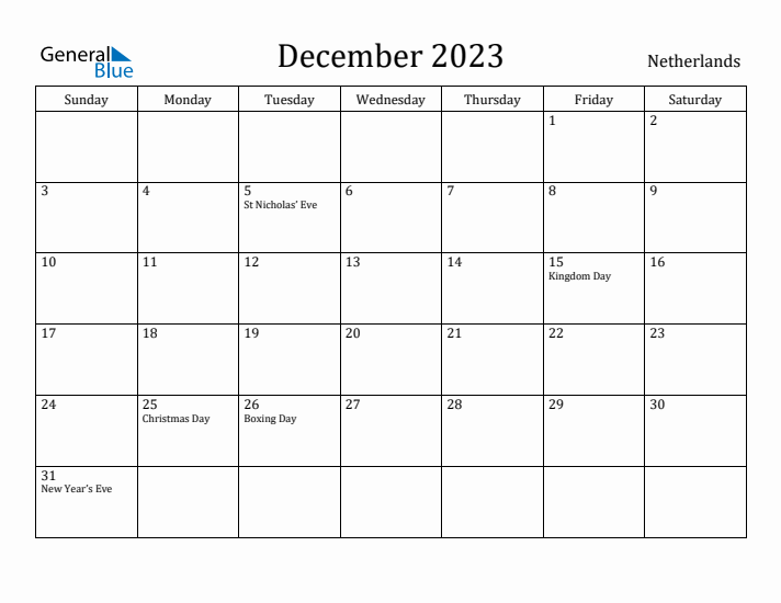 December 2023 Calendar The Netherlands