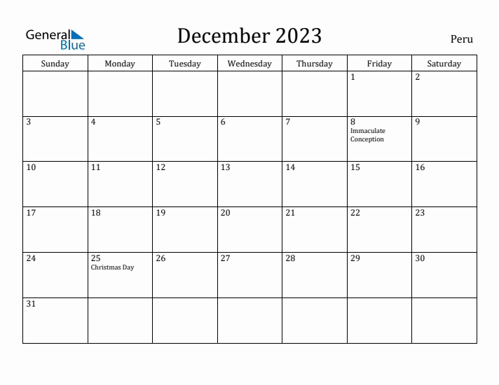 December 2023 Calendar Peru