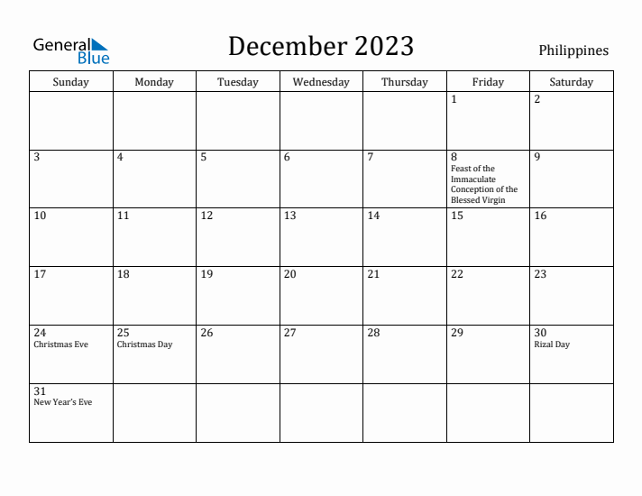 December 2023 Monthly Calendar with Philippines Holidays