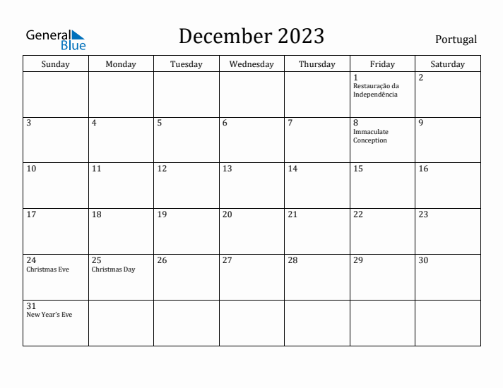 December 2023 Calendar Portugal