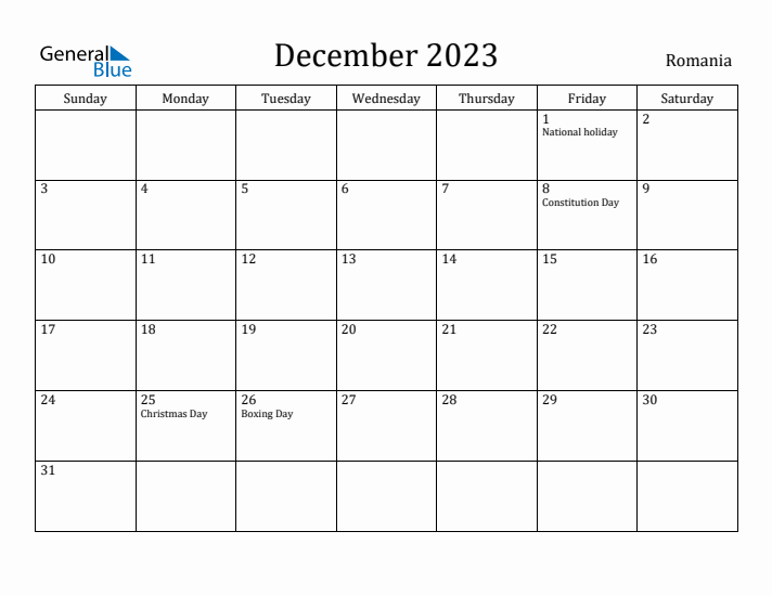 December 2023 Calendar Romania