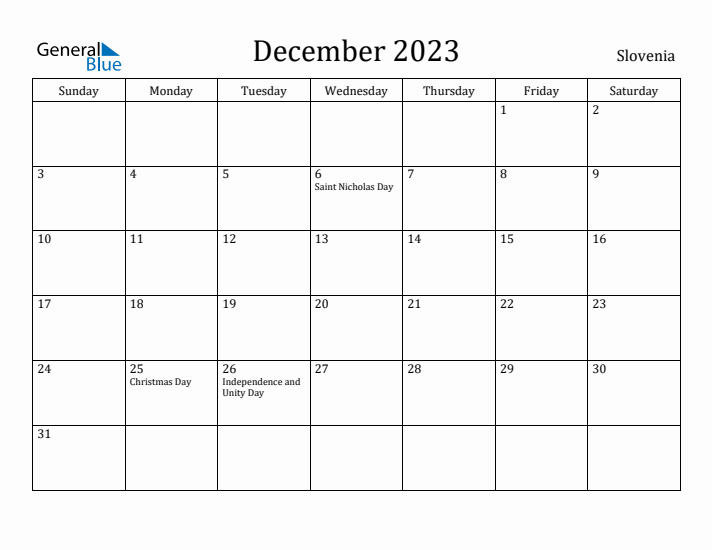 December 2023 Calendar Slovenia