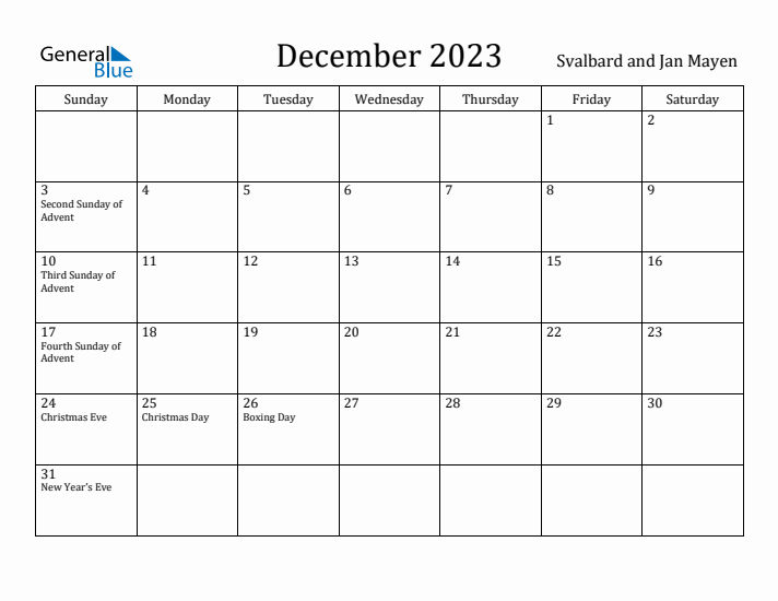 December 2023 Calendar Svalbard and Jan Mayen