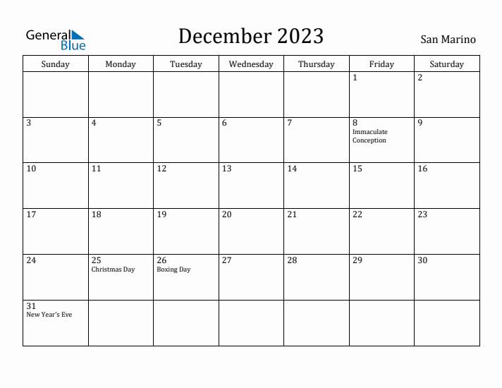 December 2023 Calendar San Marino