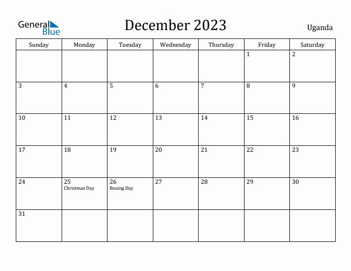 December 2023 Calendar Uganda