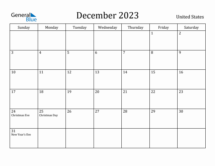 December 2023 Calendar United States